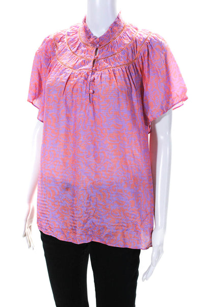 Tanya Taylor Women's Printed Short Sleeve Button Up Collar Blouse Purple Size M