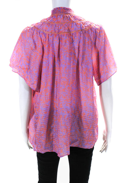 Tanya Taylor Women's Printed Short Sleeve Button Up Collar Blouse Purple Size M