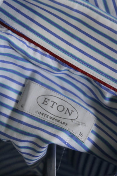 Eton Mens Cotton Striped Collared Button Up Dress Shirt Blue White Size 41 16