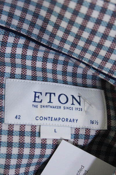 Eton Mens Cotton Plaid Collared Button Up Dress Shirt Purple Blue Size 42 L