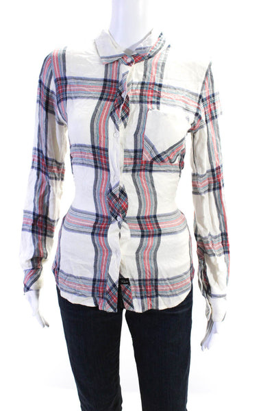 Rails Womens Plaid Print Buttoned-Up Collared Long Sleeve Top Cream Size XS