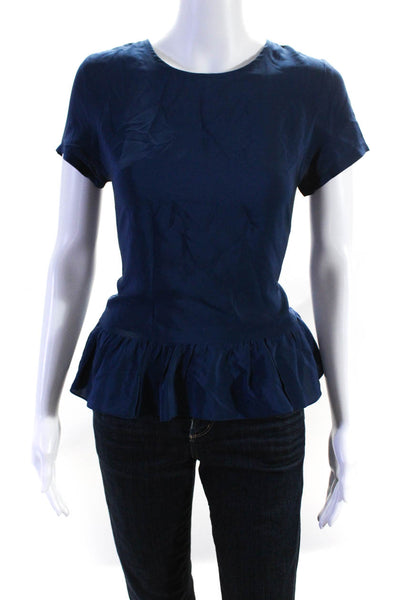 Amanda Uprichard Womens Short Sleeve Back Button Pleat Peplum Blouse Blue Size M