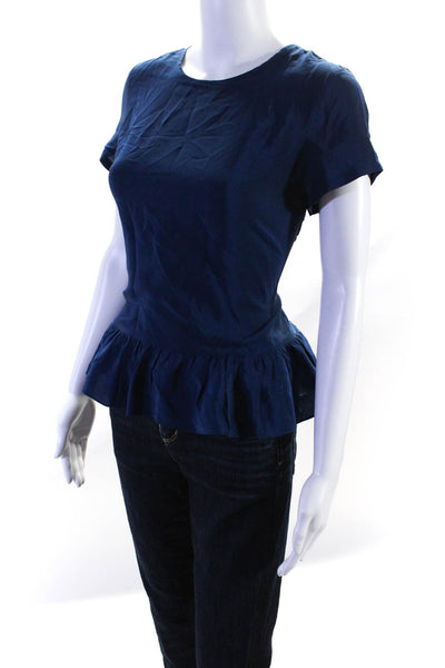Amanda Uprichard Womens Short Sleeve Back Button Pleat Peplum Blouse Blue Size M
