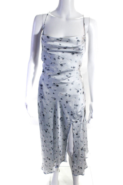 ASTR Womens Floral Print Draped Neckline Side Slit Sleeveless Dress Blue Size S