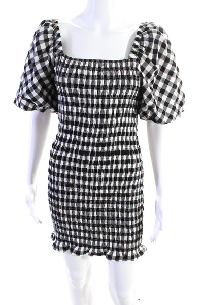 English Factory Womens Cotton Check Ruched Puff Short Sleeve Dress Black Size S