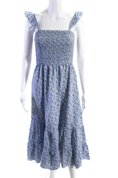 Storia Womens Floral Print Ruched Sleeveless A-Line Maxi Dress Blue Size S