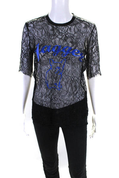 Yigal Azrouel Womens Short Sleeve Jagger Dog Lace Shirt Black Blue Size Small