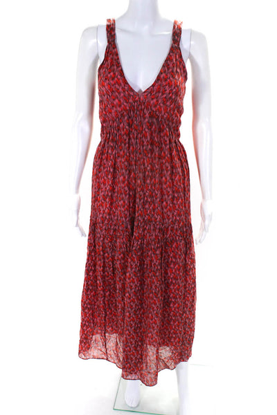 Joie Womens Cotton Abstract Print V-Neck Mid-Calf Sundress Red Pink Size XS