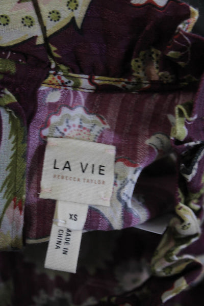 La Vie Womens Floral Mock Neck Ruffle Long Sleeve Blouse Top Purple Size XS