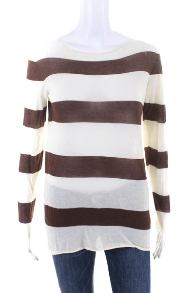 Phisique Du Role Womens Thin Knit Striped Raw Hem Sweater Ivory Brown Size 1