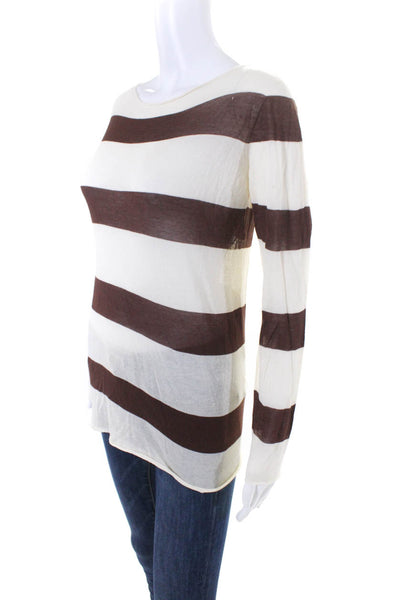Phisique Du Role Womens Thin Knit Striped Raw Hem Sweater Ivory Brown Size 1