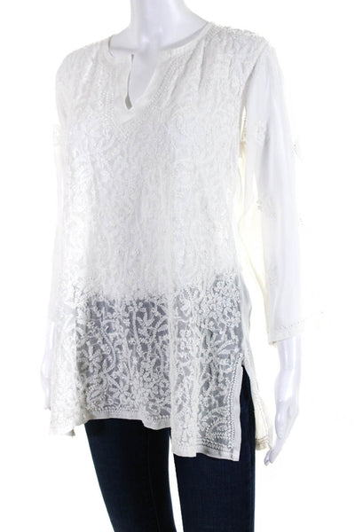 Gretchen Scott Womens Embroidered Long Sleeves Tunic Blouse White Size Small
