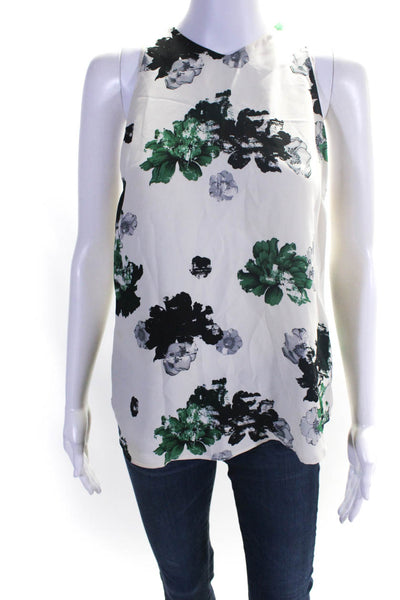 ALC Womens 100% Silk Floral Sleeveless Round Neck Tank Blouse White Green Size S