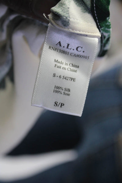 ALC Womens 100% Silk Floral Sleeveless Round Neck Tank Blouse White Green Size S