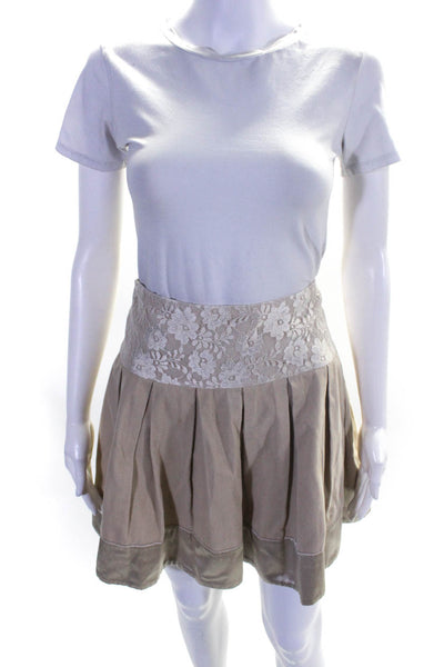 Simonetta Women's Corduroy Lace Trim Pleated Skirt Beige Size 14