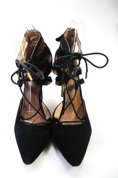 Aquazzura Womens Strappy Pointed Toe Stiletto Pumps Black Suede Size 39 9