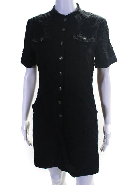 Walter Womens Round Neck Short Sleeves Half Button Mini Shirt Dress Black Size 6