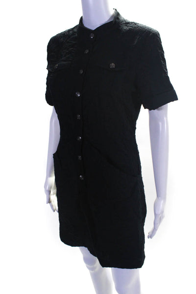 Walter Womens Round Neck Short Sleeves Half Button Mini Shirt Dress Black Size 6