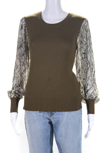 DKNY Womens Snakeskin Printed Long Sleeve Ribbed Shirt Brown Size Large