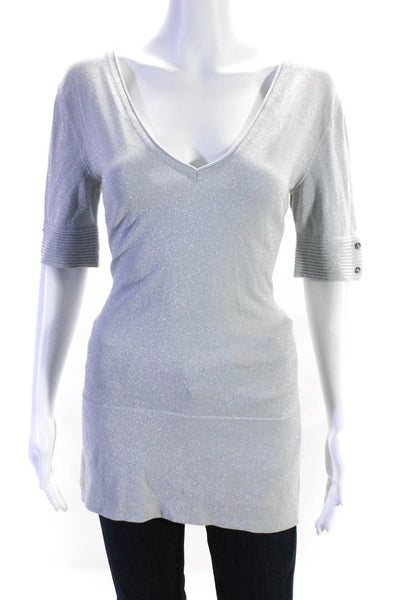 Iisli Womens Cotton Glitter Print V-Neck Short Sleeve Pullover Top Silver Size M