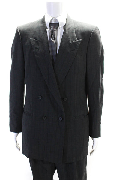 Nino Cerruti Mens Grid Print Double Breasted Two Button Suit Gray Size 44/36