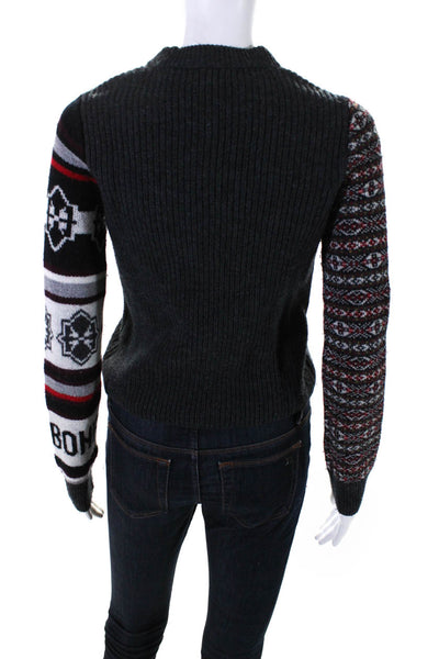 Rag & Bone Womens Merino Wool Fair Isle Sleeve Crewneck Sweater Gray Size 2XS