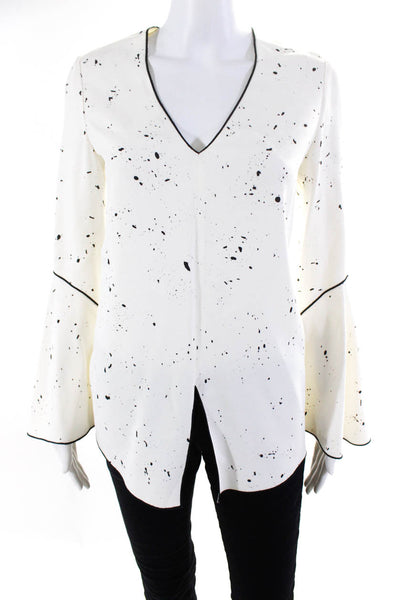 Derek Lam Womens Bell Sleeve Splatter V Neck Crepe Top Blouse White Black Size 2