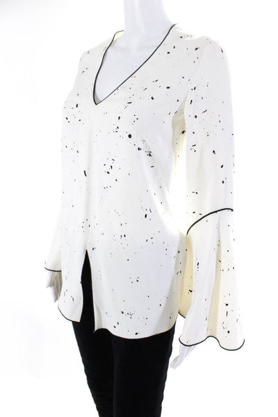 Derek Lam Womens Bell Sleeve Splatter V Neck Crepe Top Blouse White Black Size 2