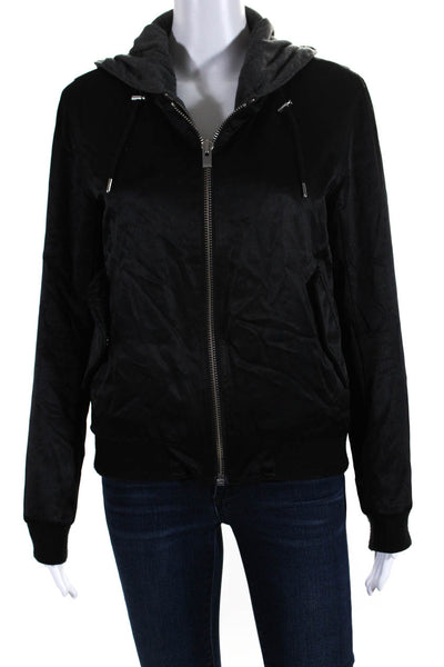 Sport The Kooples Womens Hooded Full Zipper Bomber Jacket Black Size Medium