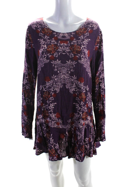 Free People Womens Long Sleeve Open Back Floral Shift Dress Purple Red Large