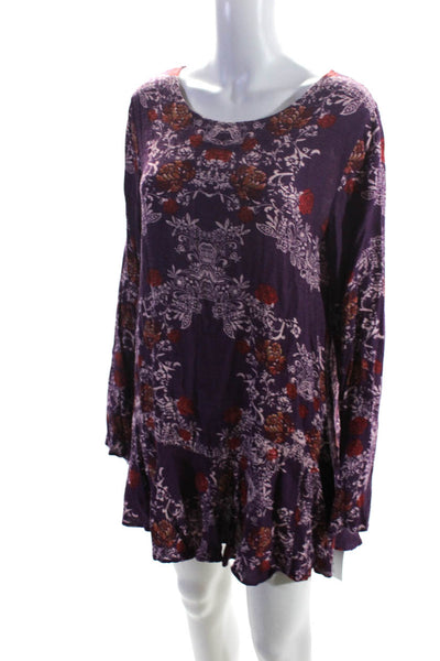 Free People Womens Long Sleeve Open Back Floral Shift Dress Purple Red Large