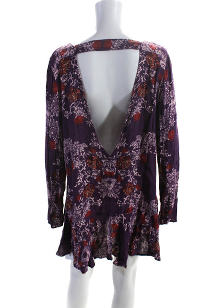 Free People Womens Long Sleeve Open Back Floral Shift Dress Purple Red Large