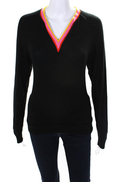 LNA Womens Rainbow Stripe V-Neck Ribbed Hem Long Sleeve Sweater Black Size XS