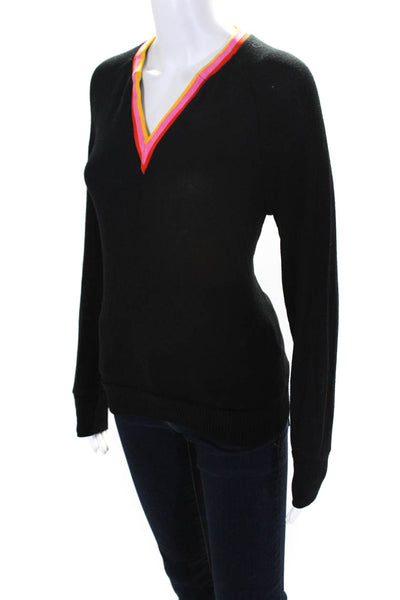 LNA Womens Rainbow Stripe V-Neck Ribbed Hem Long Sleeve Sweater Black Size XS