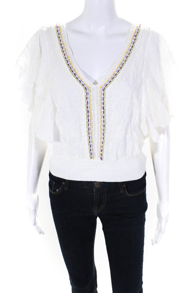 Floreat Womens Cotton Floral Embroidered V-Neck Batwing Blouse Top White Size L