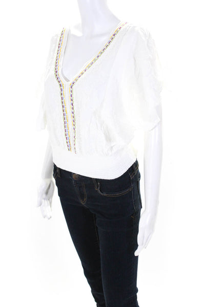 Floreat Womens Cotton Floral Embroidered V-Neck Batwing Blouse Top White Size L