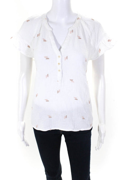 Madewell Women's Embroidered Cap Sleeve V Neck Button Up Top White Size M