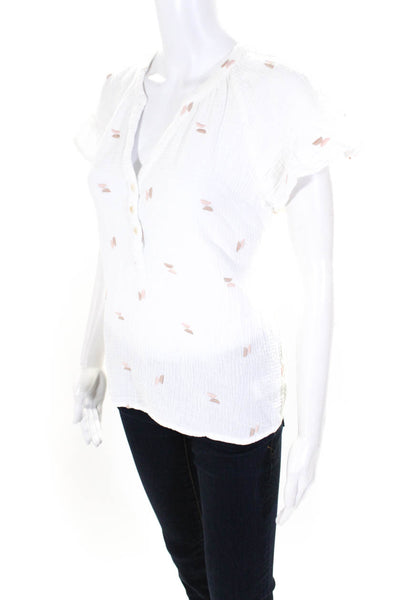 Madewell Women's Embroidered Cap Sleeve V Neck Button Up Top White Size M