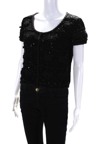 Joseph A Womens Knit Floral Textured Sequined Short Sleeve Blouse Black Size L