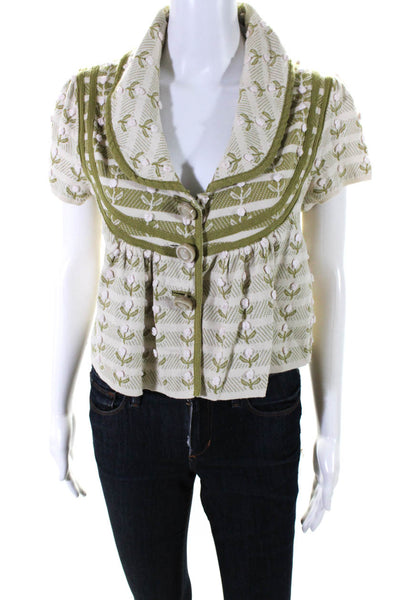 HWR Womens Cotton Embroidered Floral Stripe Button Collared Sweater Green Size L