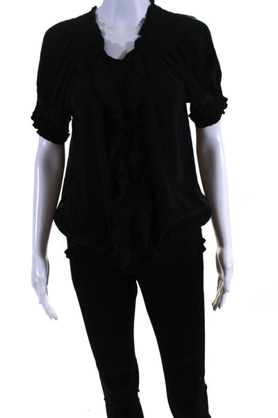 Joie Womens 100% Silk Short Sleeved Shirred Buttoned Ruffled Blouse Black Size S