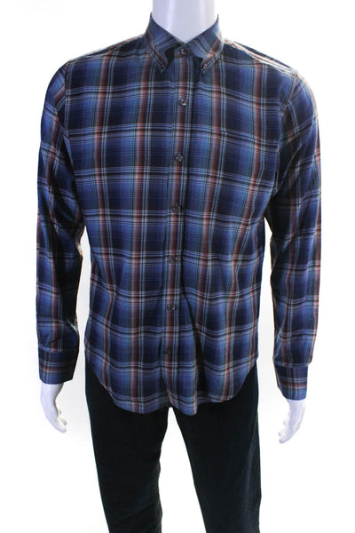 Vince Mens Cotton Plaid Collared Long Sleeve Button Down Shirt Blue Size S