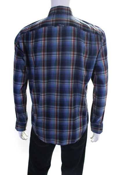 Vince Mens Cotton Plaid Collared Long Sleeve Button Down Shirt Blue Size S
