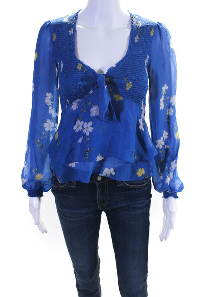 Intermix Womens Long Sleeve Scoop Neck Silk Smocked Shirt Blue White Size 0