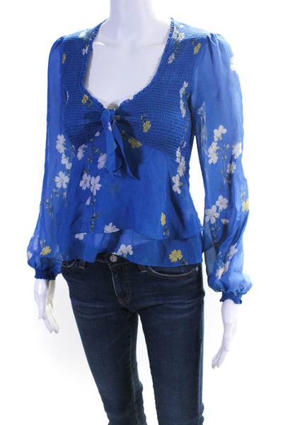 Intermix Womens Long Sleeve Scoop Neck Silk Smocked Shirt Blue White Size 0