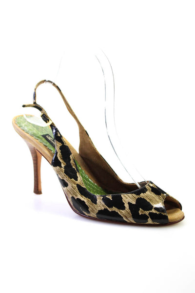 Beverly Feldman Women's Leopard Print Peep Toe Slingback Heels Brown Size 7