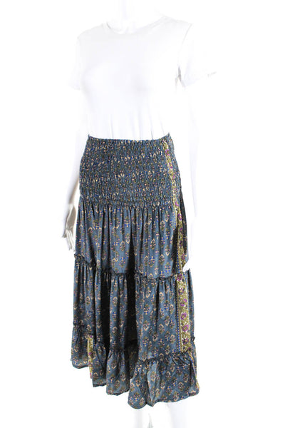 Perry Walker Womens Smocked Silk Floral Midi A Line Skirt Blue Multi Size Small