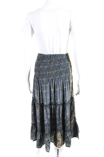 Perry Walker Womens Smocked Silk Floral Midi A Line Skirt Blue Multi Size Small