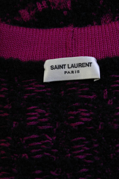 Saint Laurent Womens Plaid V Neck Cardigan Sweater Black Pink Wool Size Large