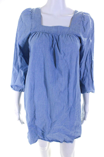 J Crew Womens Cotton Square Neck Bubble Sleeve Pocket Shift Dress Blue Size XS